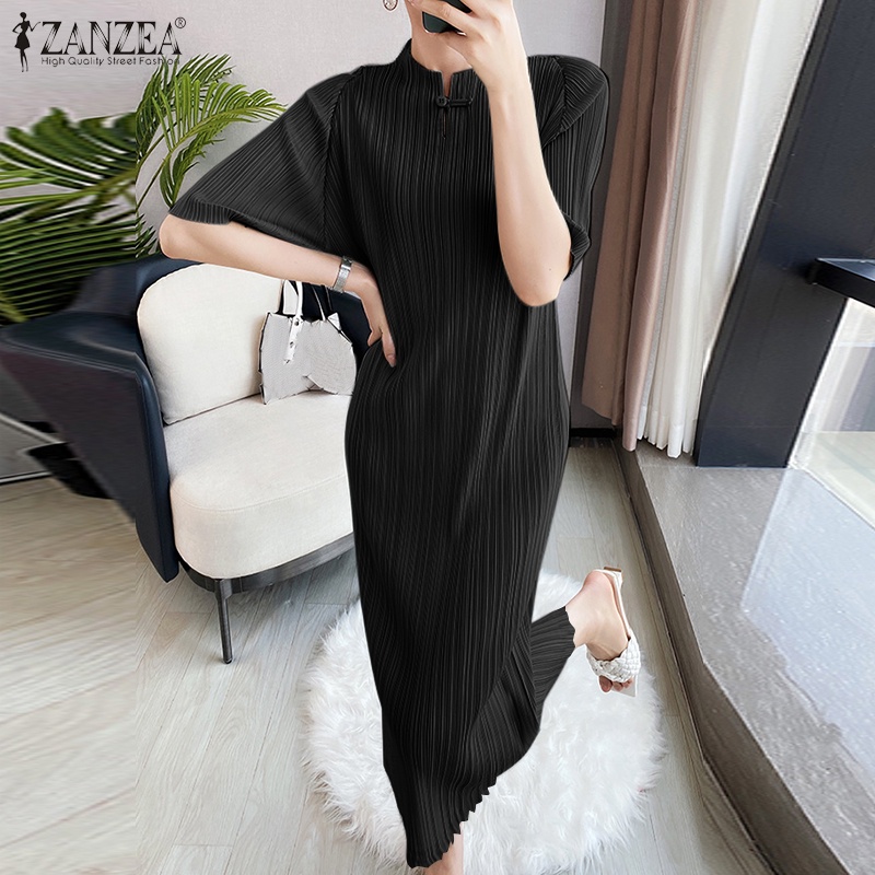 Đầm dài ZANZEA cổ chữ V tay lửng xếp ly màu trơn thời trang công sở nữ tính