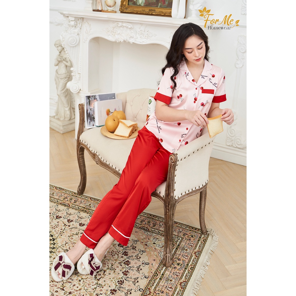 Bộ đồ ngủ, mặc nhà chất Lụa Giấy Luxury Cherry phối quần 14  ,forme pijama