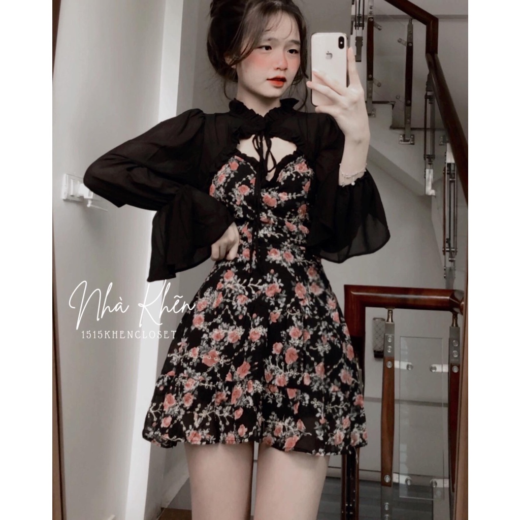 Set áo tay dài khoét ngực chân váy hoa đen
