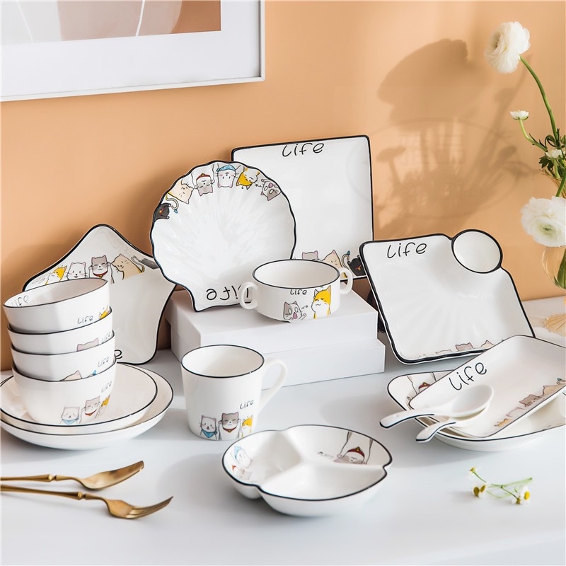 Đĩa sứ sâu lòng nhiều hình dáng họa tiết mèo life Holame