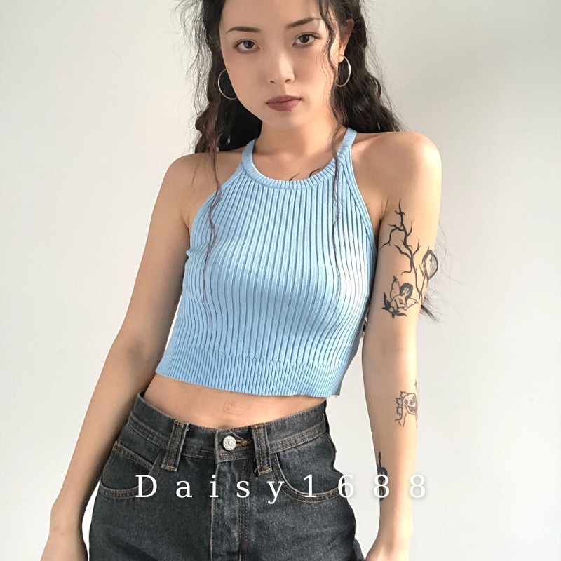 Áo Hai Dây Len Croptop Kiểu Cổ Yếm Basic Chất Đẹp Co Giãn Daisy1688