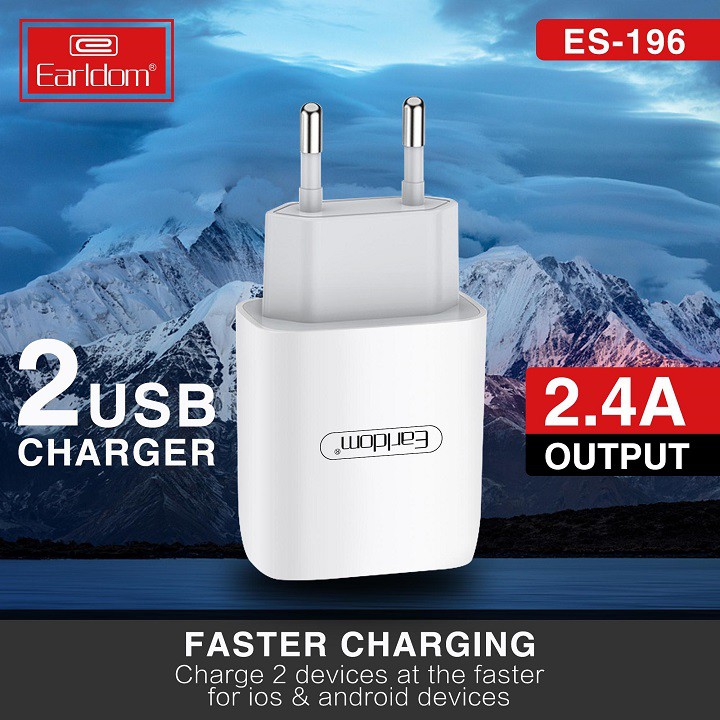 Bộ Sạc 2 cổng Earldom ES-196 - Fast Charge 2.4A Kèm dây cáp chuẩn sạc nhanh Cáp MicroUSB - Cáp Type C