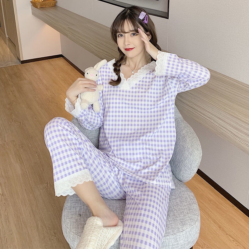 Set đồ ngủ tay dài cổ tròn họa tiết kẻ sọc ca rô đơn giản thời trang