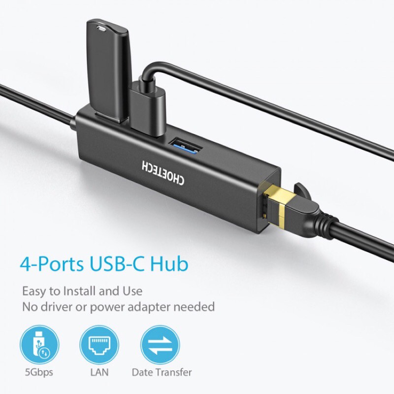 [CHOETECH]Hub Adapter chuyển đổi 4 in 1 Type-C ra 3 cổng USB 3.0&amp; cổng LAN RJ45 CHOETECH U02BK dùng cho MacB/Laptop