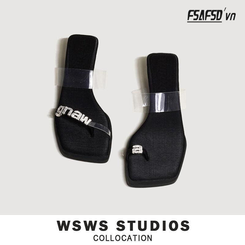 Dép Xỏ Ngón Đế Bằng Mũi Vuông Đính Đá Thời Trang Dành Cho Nữ