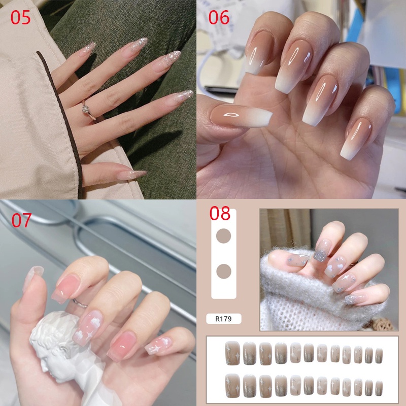 Bộ 24 móng tay giả dáng dài tông màu nude tháo rời được thời trang