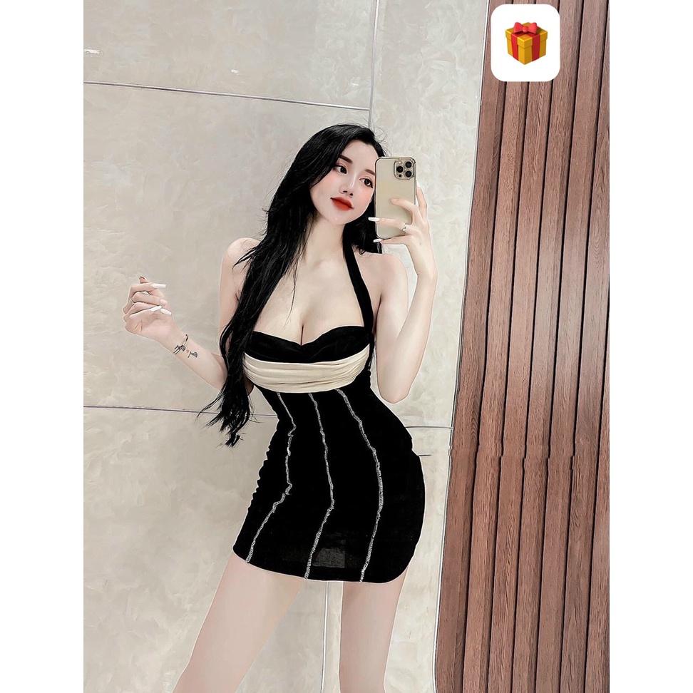 Đầm yếm ôm body sọc chỉ đứng nhúm ngực màu cực xinh , chất thun gân mềm mịn