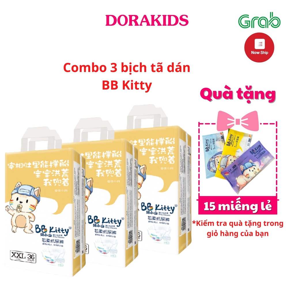 Combo 3 bịch Tã Bỉm Dán BB Kitty nội địa Trung siêu thấm hút, an toàn cho bé đủ size NB36, S60, M52, L46, XL44