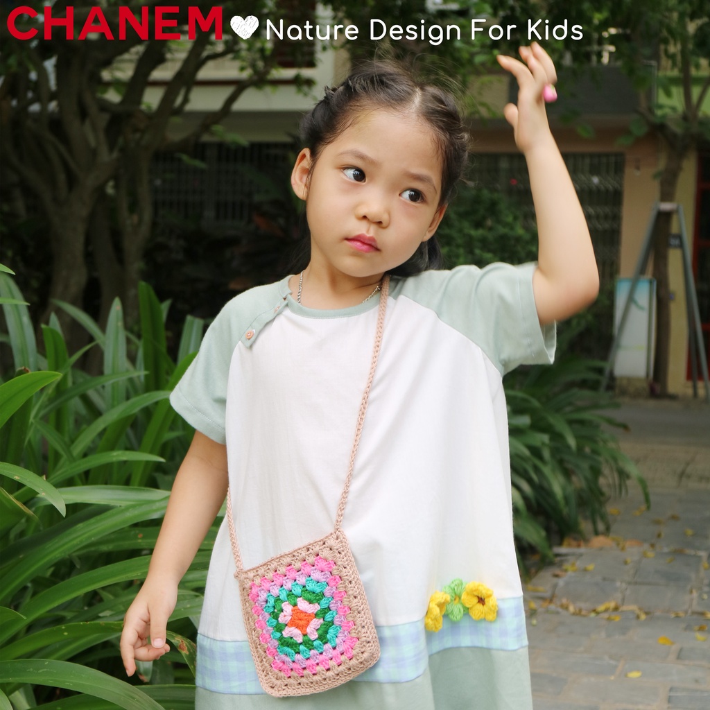 Váy bé gái SUNNY CHANEM ngắn tay phối gấu và hoa móc đáng yêu chất liệu cotton thoáng mát cho bé từ 1 - 10 tuổi