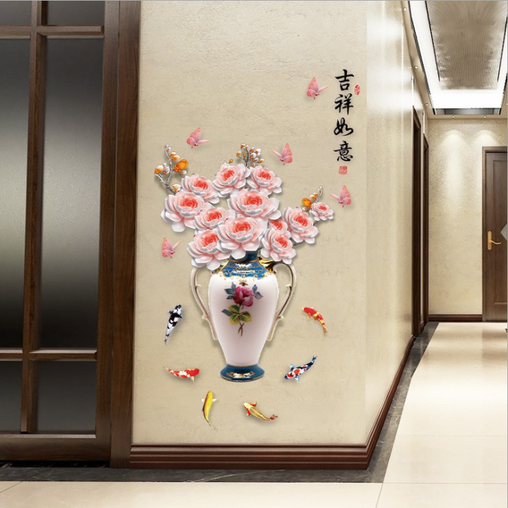 Decal trang trí tường - Chậu Hoa MẪU ĐƠN HỒNG TRẮNG NHẠT 3D quý phái