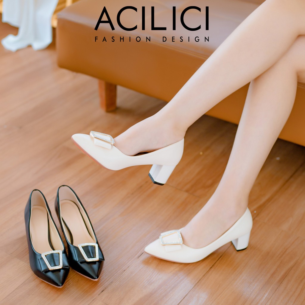 Giày cao gót nữ ACILICI đế vuông, giày búp bê mũi nhọn gót cao 5p chuẩn size màu KEM_TC02