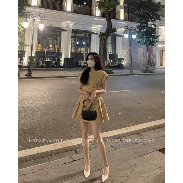 Váy thô chiết eo dáng xoè vai vuông, Đầm thô tay hến 2022 - Dorita Boutique