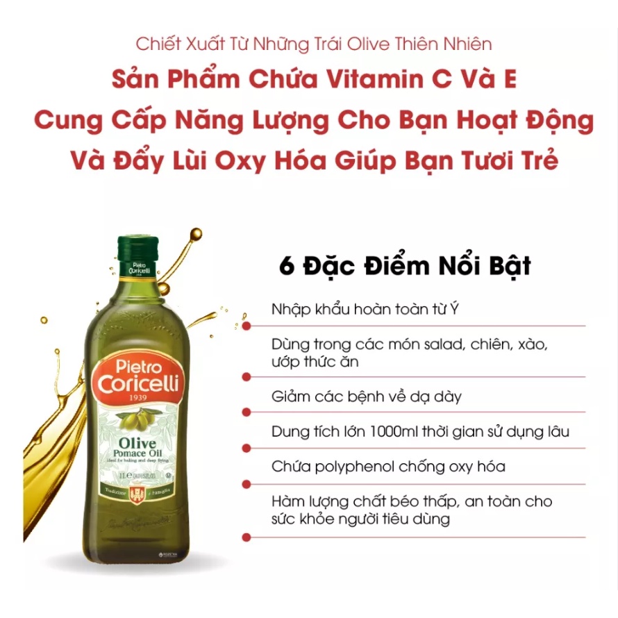 Dầu Oliu Kojin CHÍNH HÃNG Ý Dầu Olive Pomace Được Chiết Xuất Từ Quả Tươi Chai Thủy Tinh 1L Hàng Mới Về