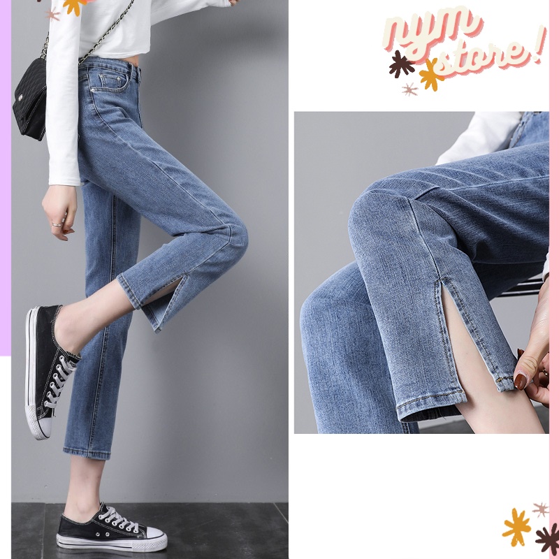 Quần bò ống đứng vải co giãn cắt gấu hotttred quần jeans ống rộng đứng dáng suông trenddy (J13)