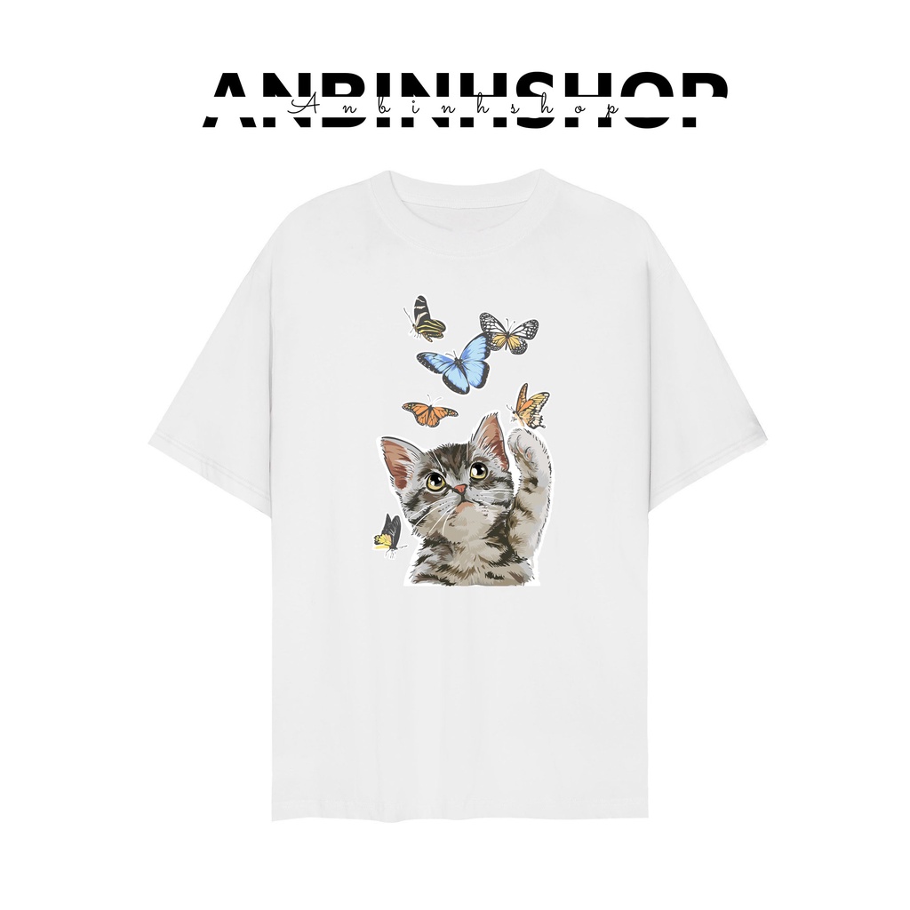 Áo thun in tay ngắn nữ phông form đẹp dáng Unisex - Ulzzang mặc cặp, nhóm, lớp hình Mèo Butterfly
