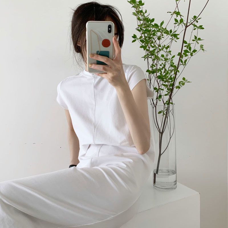Đầm Midi Tay Ngắn Cổ Tròn Xẻ Tà Đơn Giản Thời Trang Mùa Hè Xinh Xắn Cho Nữ