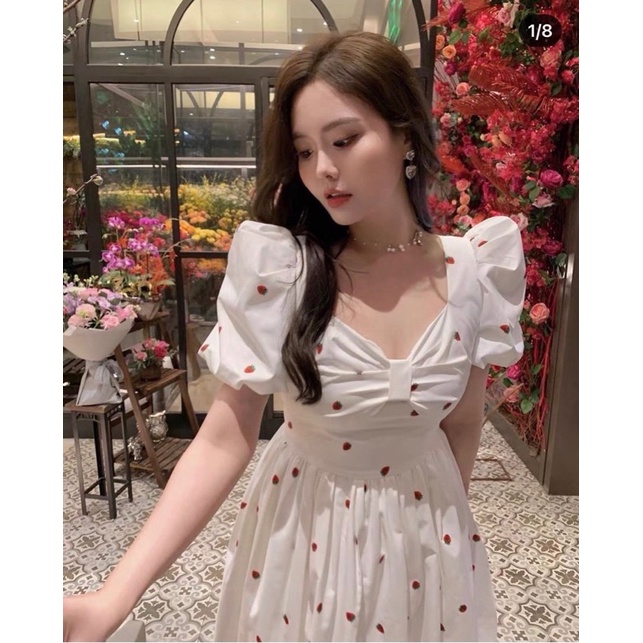 ĐẦM CHERRY ĐỎ NƠ NGỰC MIDI PHỒNG XOÈ