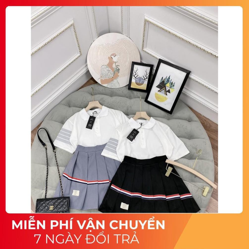 Set Áo Polo Quốc Dân Sọc Tay Mix Chân Váy Ly Ngắn