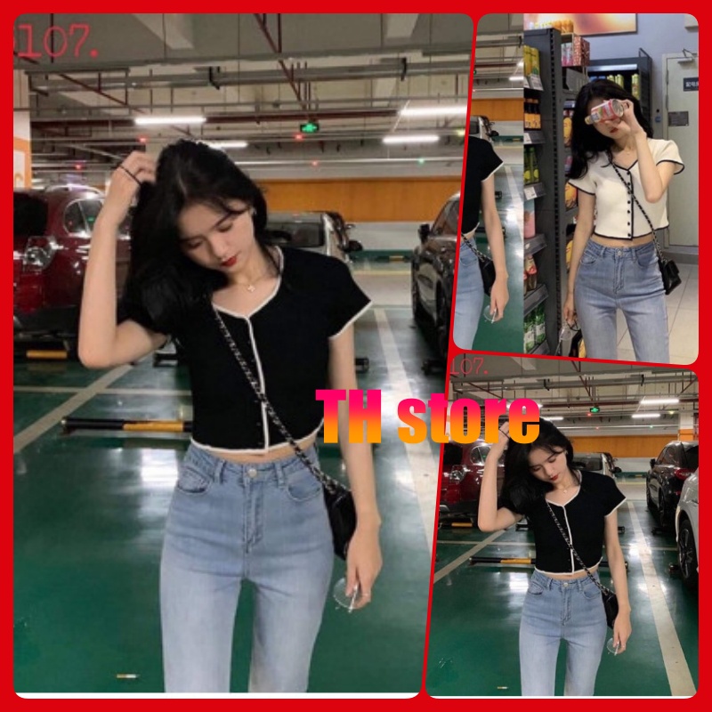 Áo croptop cổ tàu phối viền, croptop cổ tàu