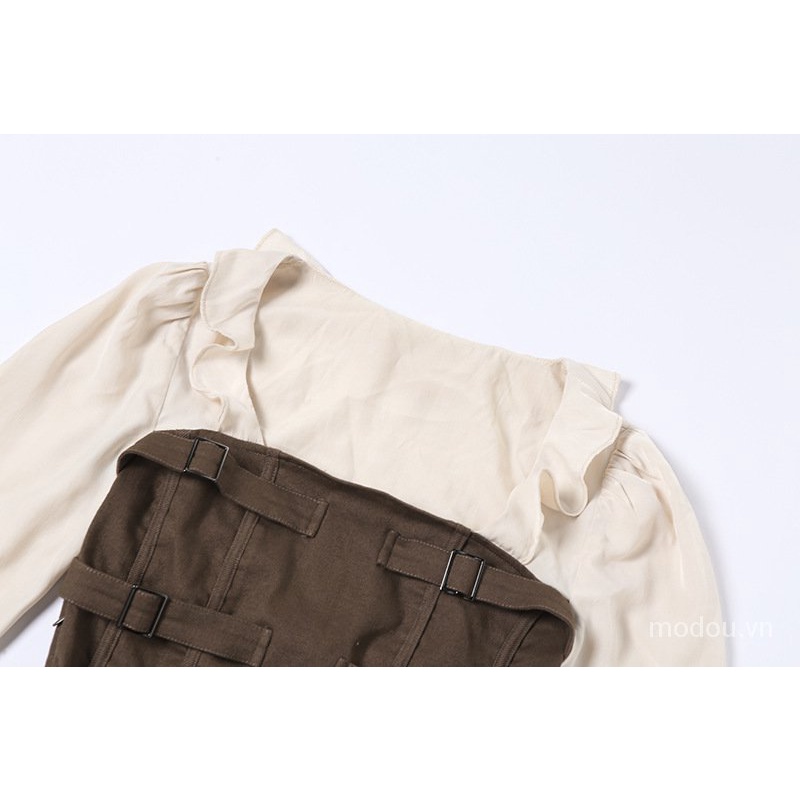 Đầm mini cổ vuông tay dài ống loe ôm dáng thời trang mùa thu cho nữ