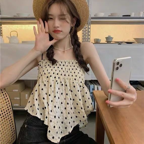 Jiashucheng Áo Ống Ngắn Họa Tiết Chấm Bi Phong Cách Pháp Ngọt Ngào Cho Nữ Sinh