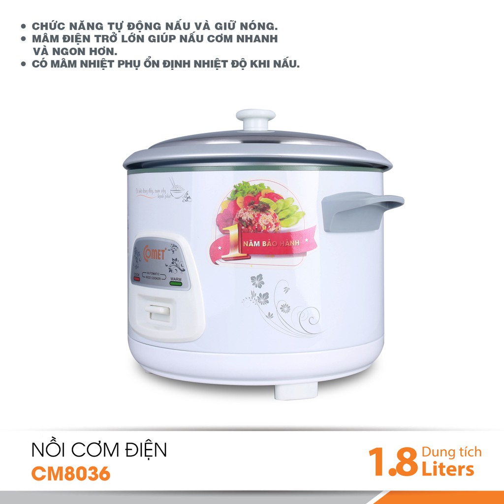 [Mã ELHADEV giảm 4% đơn 300K] Nồi cơm điện Comet CM8036 nắp rời 1.8L