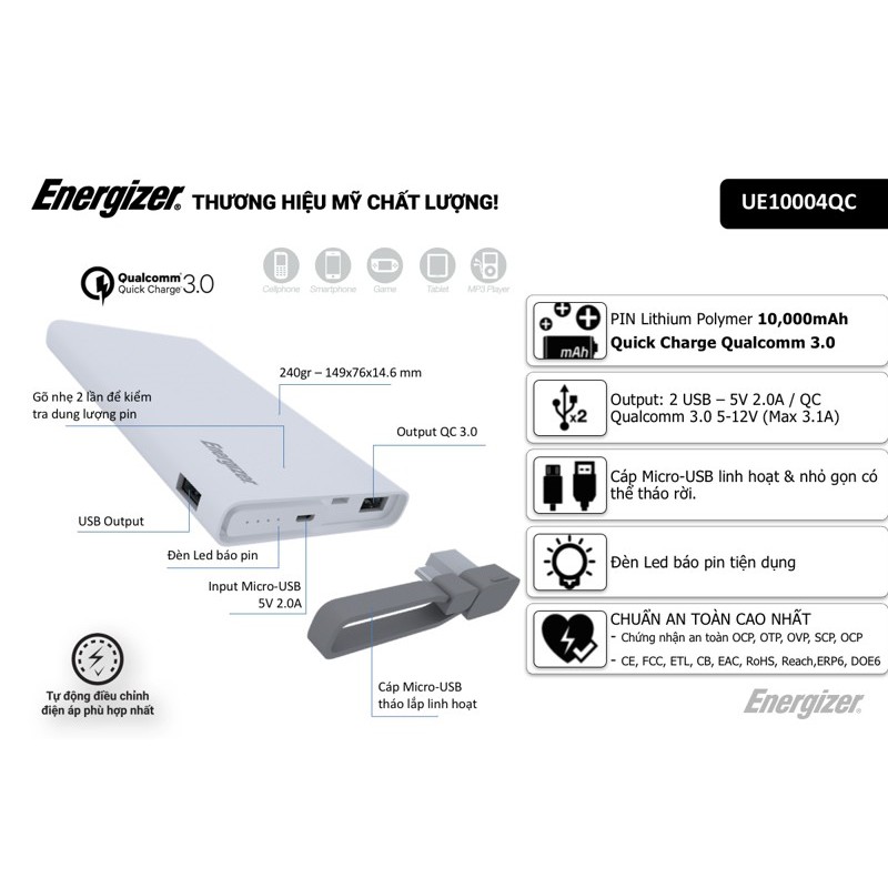 Sạc dự phòng Energizer UE10004QC 10000mAh - Sạc Nhanh Qualcomm 3.0