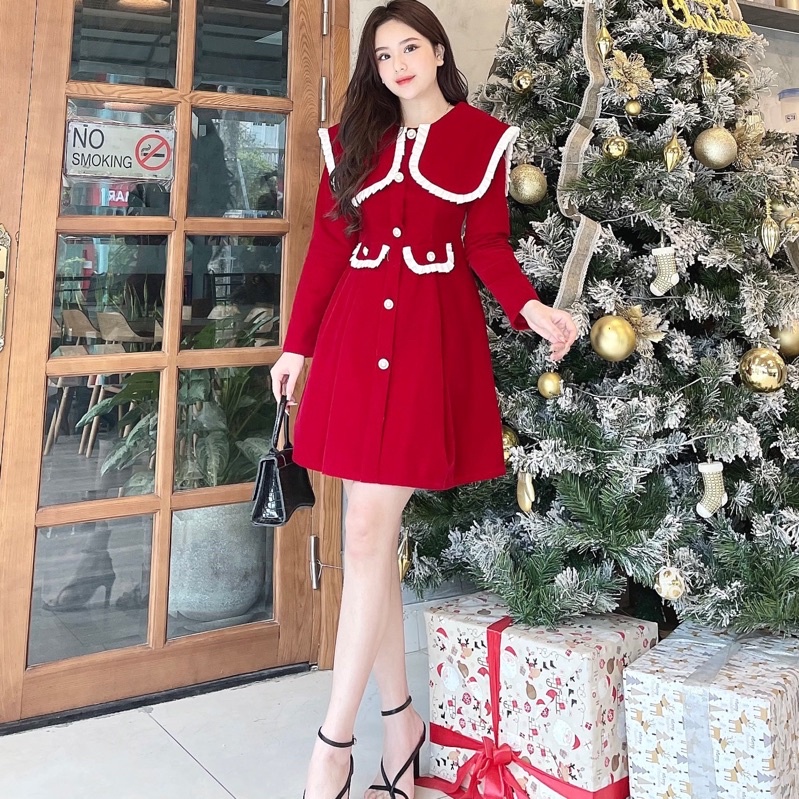 Váy nhung đỏ dài tay phối cổ bèo trắng dáng xoè dự tiệc cực xinh