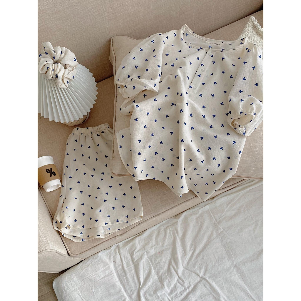 Bộ đồ ngủ cộc tay họa tiết chất thô đũi- Miho house