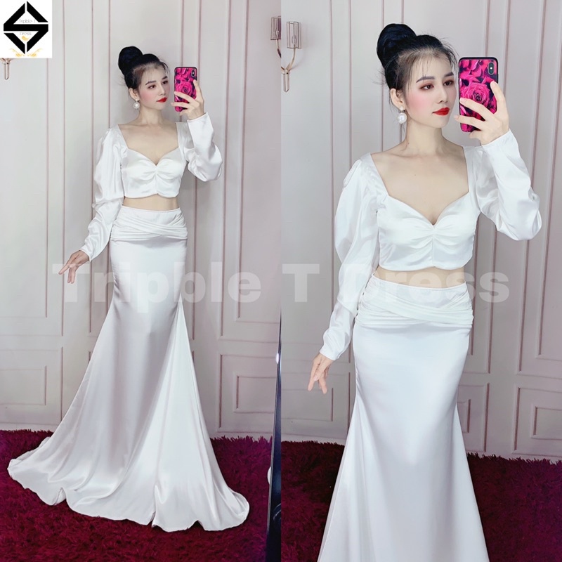 Đầm maxi dạ hội đuôi cá sét rời áo tay dài phồng + CV chất phi lụa TRIPBLE T DRESS - MS207Y - size S/M/L