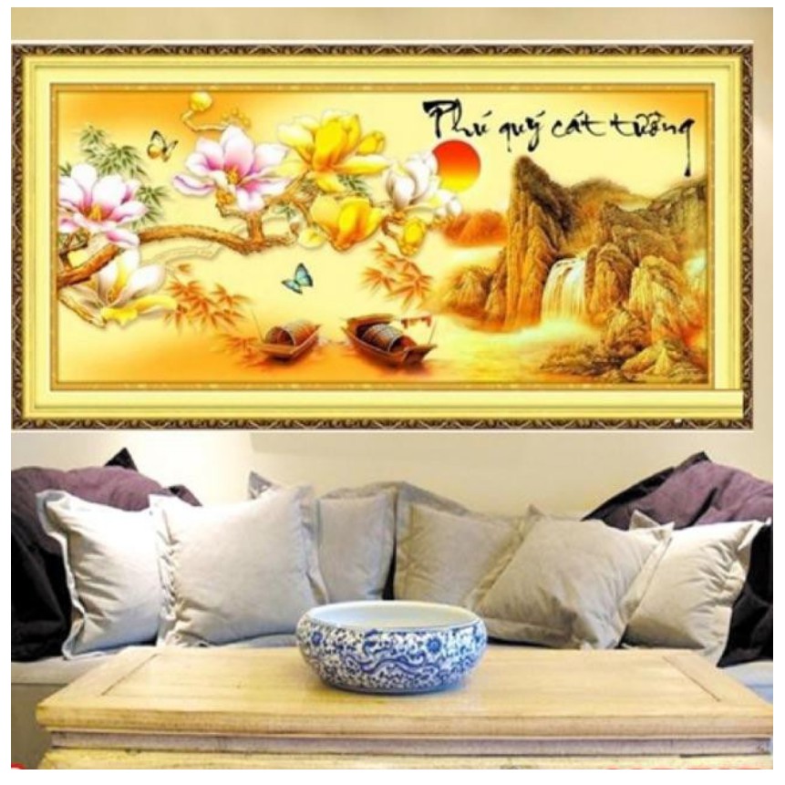 Tranh Thêu Chữ Thập PHÚ QUÝ CÁT TƯỜNG. Kích Thước: 78cm x 40cm