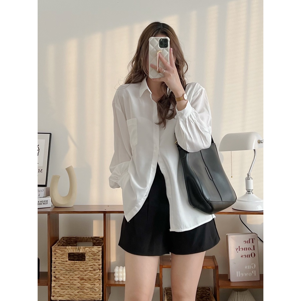 ÁO SƠ MI TRẮNG LỤA HÀN ULZZANG BASIC DÁNG RỘNG TAY BỒNG TRƠN