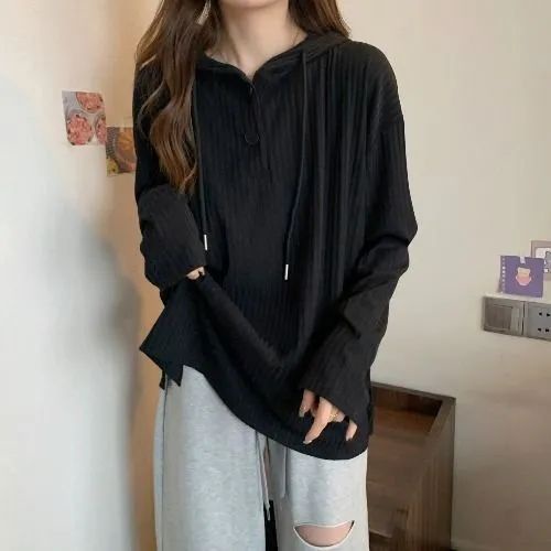 Áo Thun polo Mỏng Tay Dài Dáng Rộng Thiết Kế Dây Rút Sọc Dọc 3 Màu Sắc Tùy Chọn Phong Cách Hàn Quốc