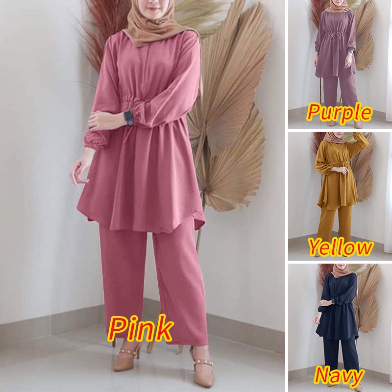 Set đồ ZANZEA gồm áo tay dài cổ tròn và quần dài ống rộng phong cách hồi giáo thời trang cho nữ
