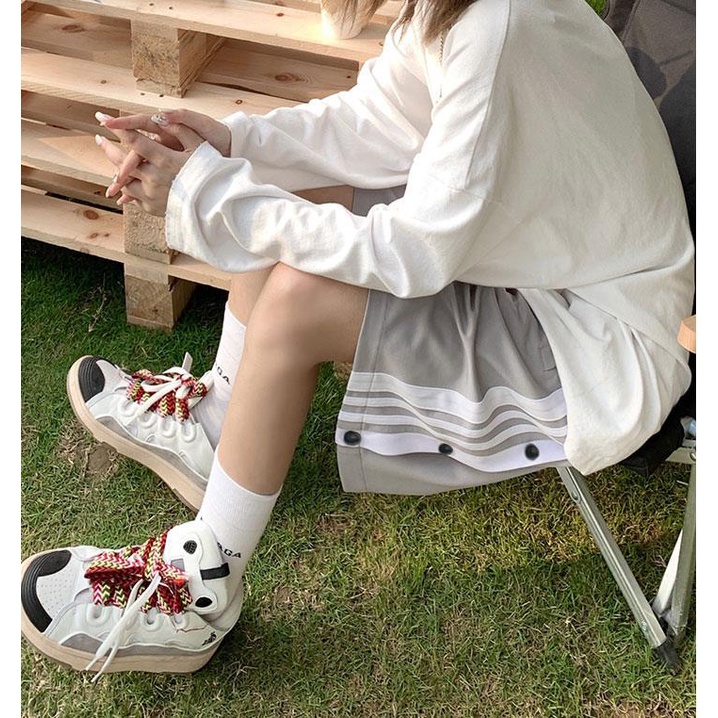 COZOKC Quần Short 5 Tấc Dáng Rộng Cài Nút Họa Tiết Kẻ Sọc Thời Trang