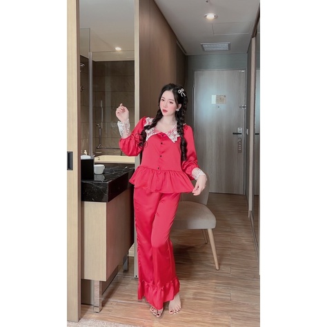 Set đồ bộ pijama mặc nhà LỤA LATIN tay dài quần dài phối bèo ren Tiểu Thư cao cấp sang trọng