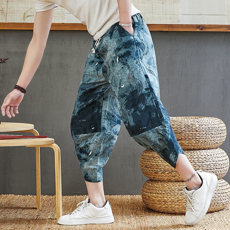 Quần Dài Vải Lanh Cotton Dáng Rộng Cỡ Lớn Họa Tiết Thổ Cẩm Cá Tính Cho Nam