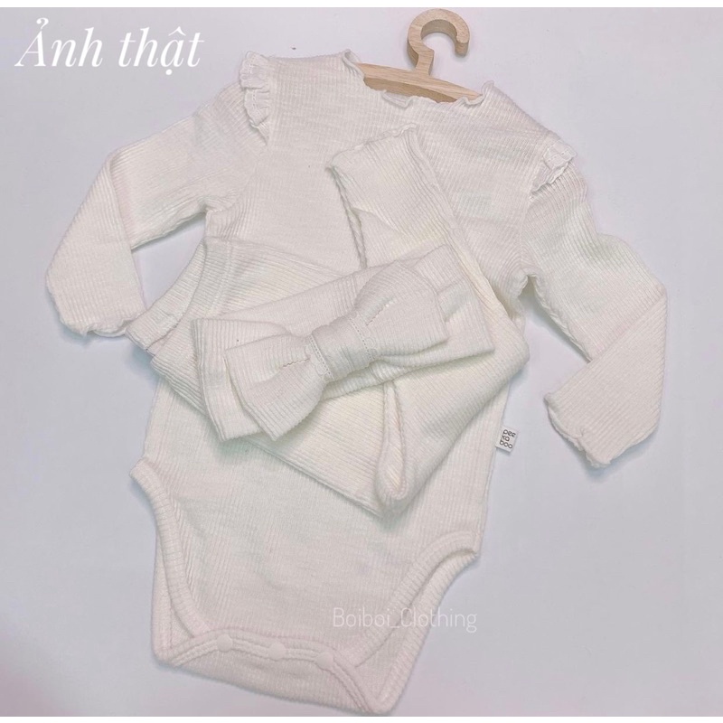 Set bodysuit cotton, set bộ quần áo thu đông và turban mềm mại chất gân xốp cực yêu cho bé