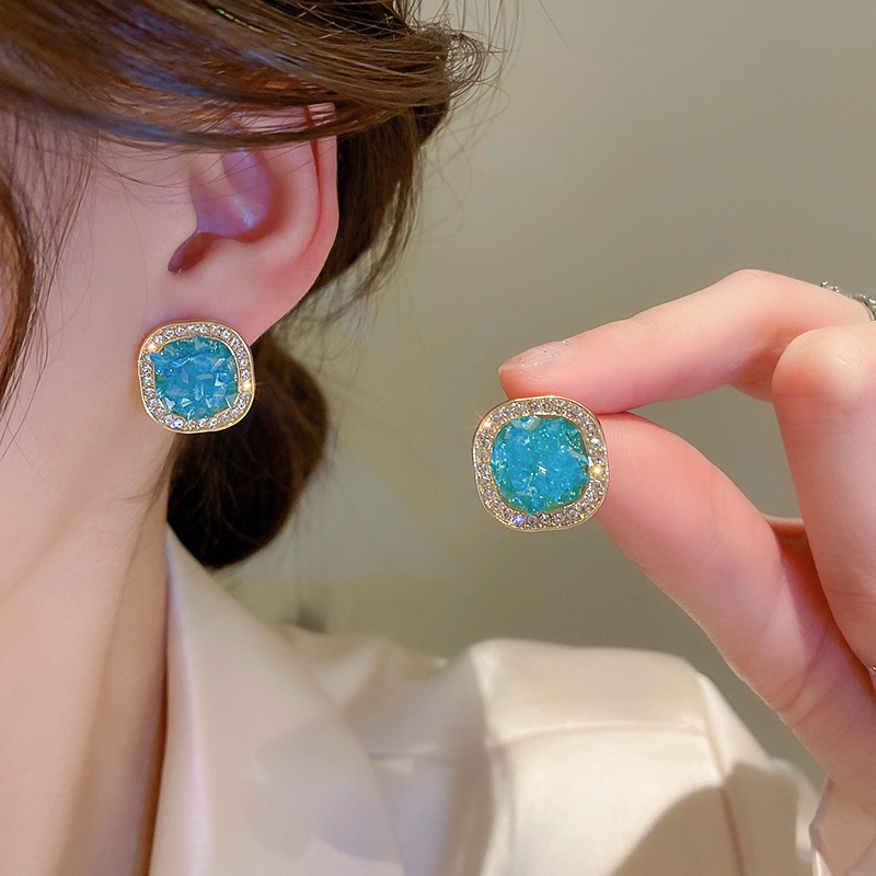 Bông Tai Mạ Bạc 2022 Đính Đá Zircon Hình Vuông Màu Xanh Dương