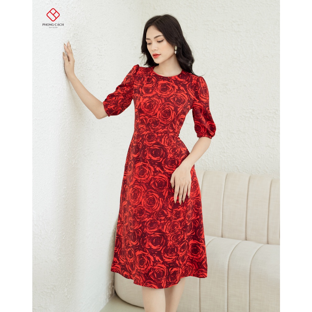 Đầm chữ A hoạ tiết tay bồng SD1373 - Phong Cách SAIGON