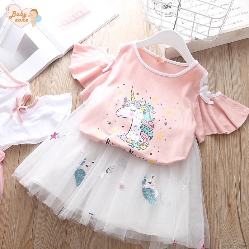 Bộ chân váy lưới và áo thun tay ngắn thời trang cho bé gái