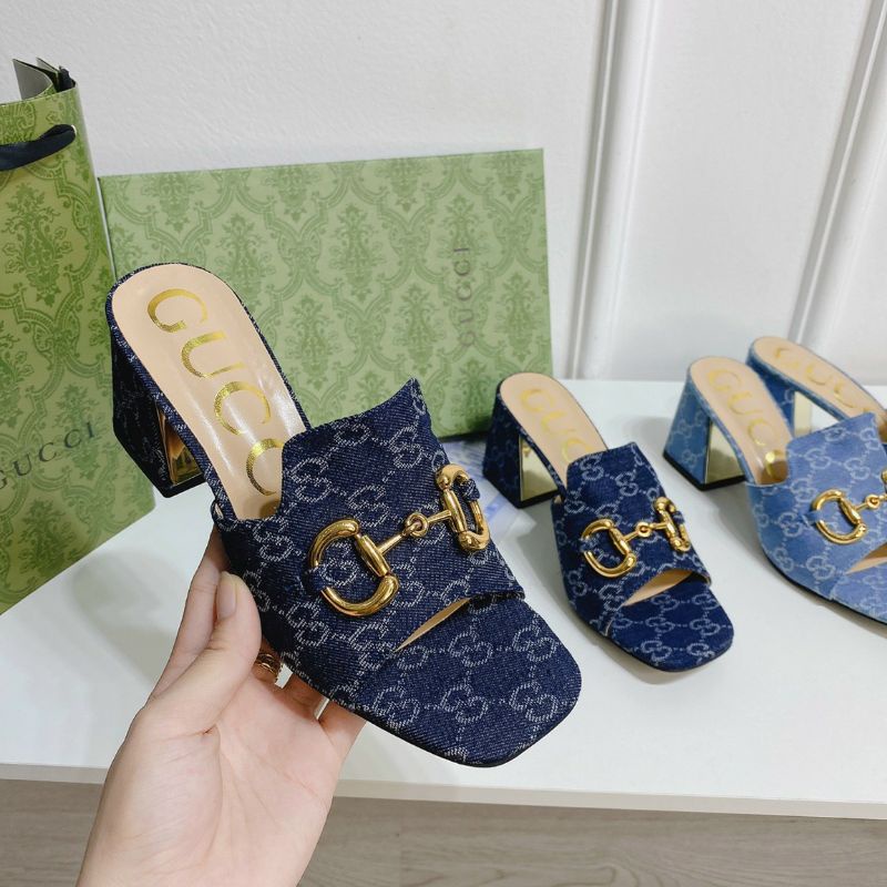 Guốc Guccii vải jeans bò xanh đậm nhạt