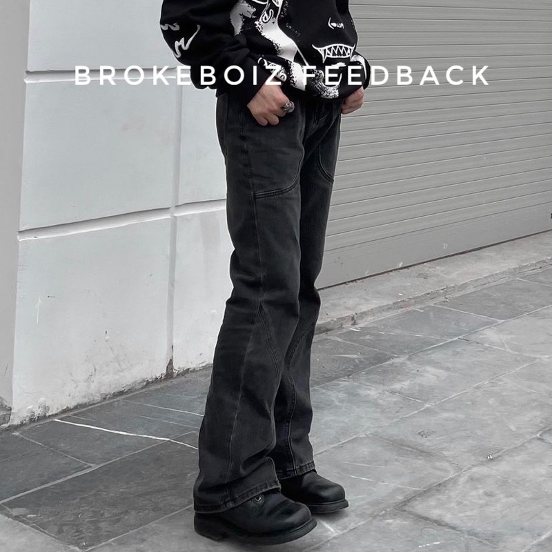 Quần jeans đen wash ống loe nam basic phong cách retro, punk, urban streetwear