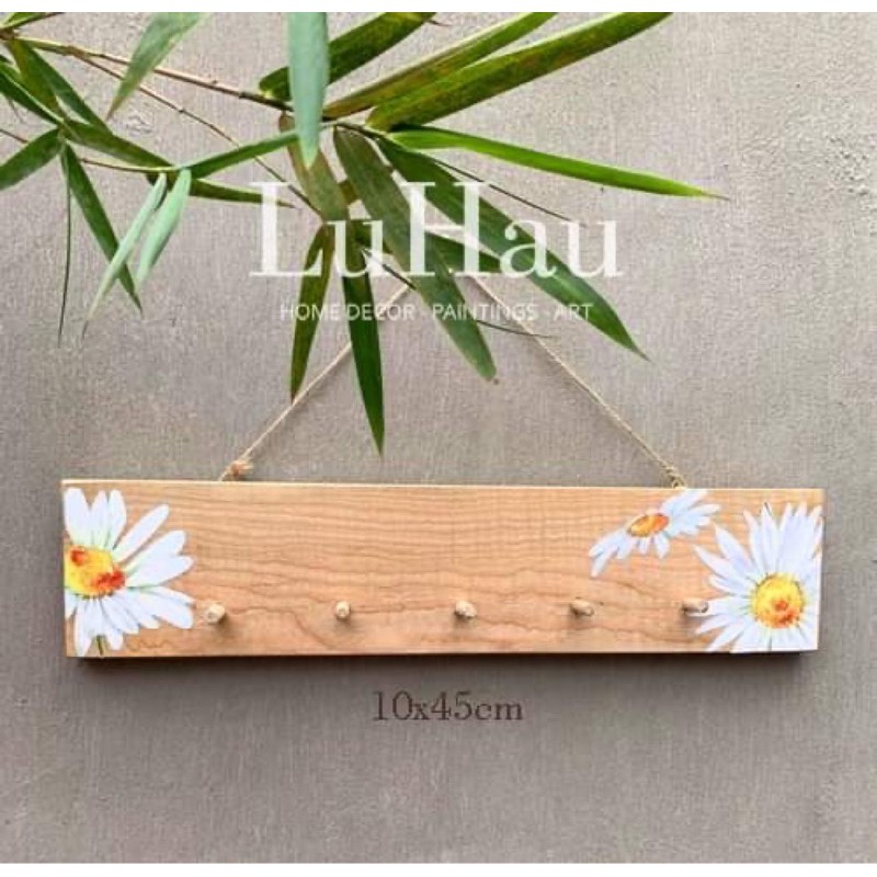 Thanh móc treo đồ gỗ tự nhiên Luhau Decor Cúc hoạ mi gắn tường 5 móc không cần khoan đục, móc treo chìa khoá.