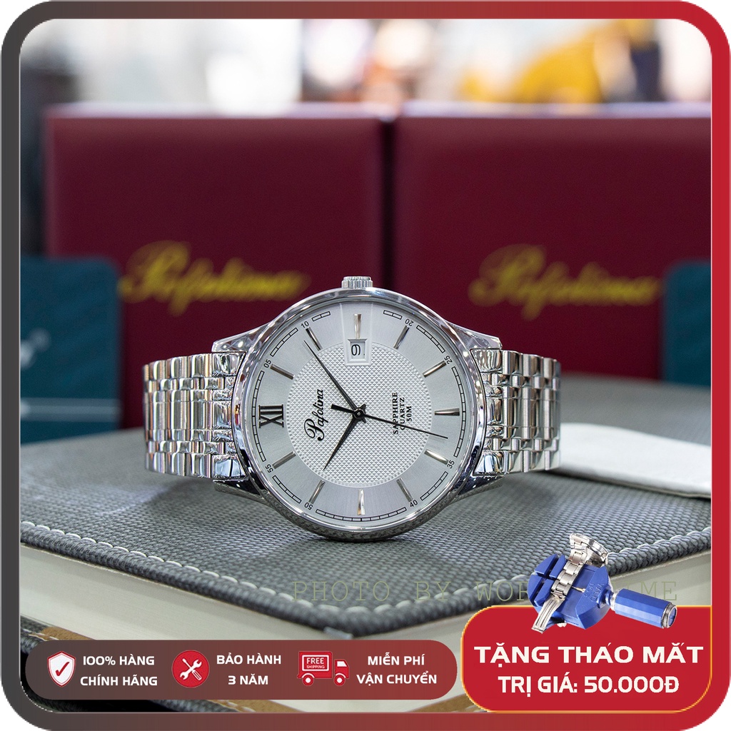 Đồng hồ pin, đồng hồ nam dây thép Pafolina 5025M full box, kính sapphire chống xước, chống nước