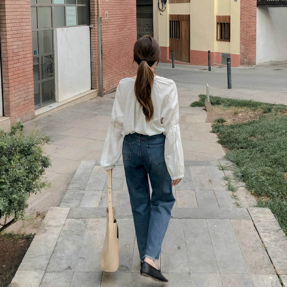 SUXI NEW Áo Kiểu Tay Dài Màu Trơn Thiết Kế Cổ Chữ V Thanh Lịch