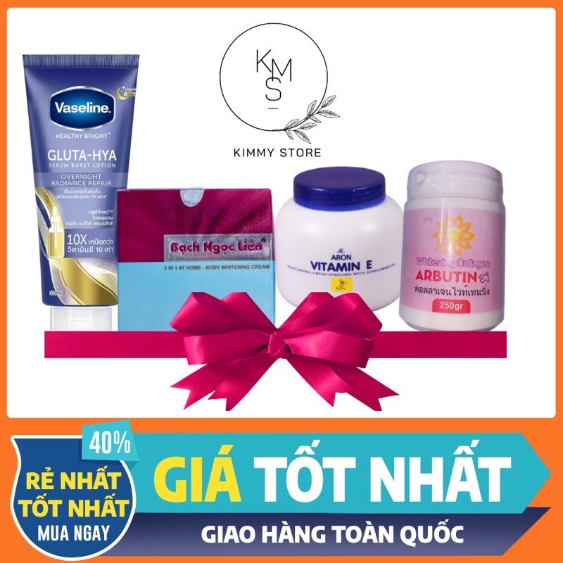 combo kem bạch ngọc liên + vaseline gluta + Abutine 3C3 hồng + e nắp xanh