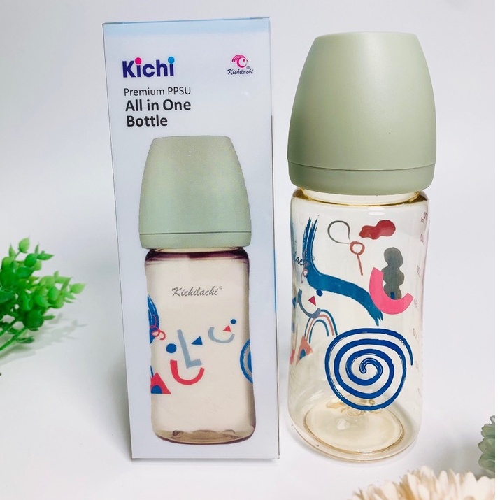 Bình sữa cổ rộng CẢM BIẾN NHIỆT bằng PPSU cao cấp kèm núm ti siêu mềm cho bé KICHILACHI hình mây 170ml/270ml