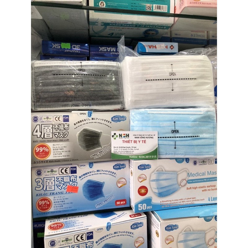 HỘP 50 CÁI KHẨU TRANG Y TẾ 3 4 LỚP KHÁNG KHUẨN XUẤT NHẬT KIM SORA KIMSORA MÀU XANH TRẮNG XÁM THAN HOẠT TÍNH