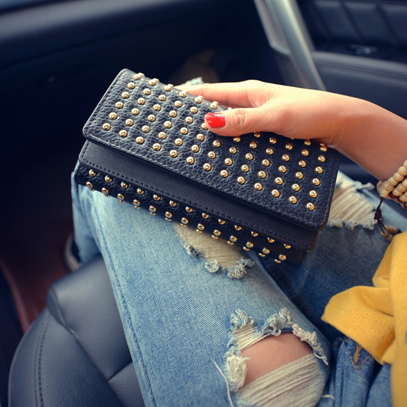 Youyo Ví Da Pu Đựng Điện Thoại Thẻ Đính Đinh Tán Thời Trang Trẻ Trung Dành Cho Nữ